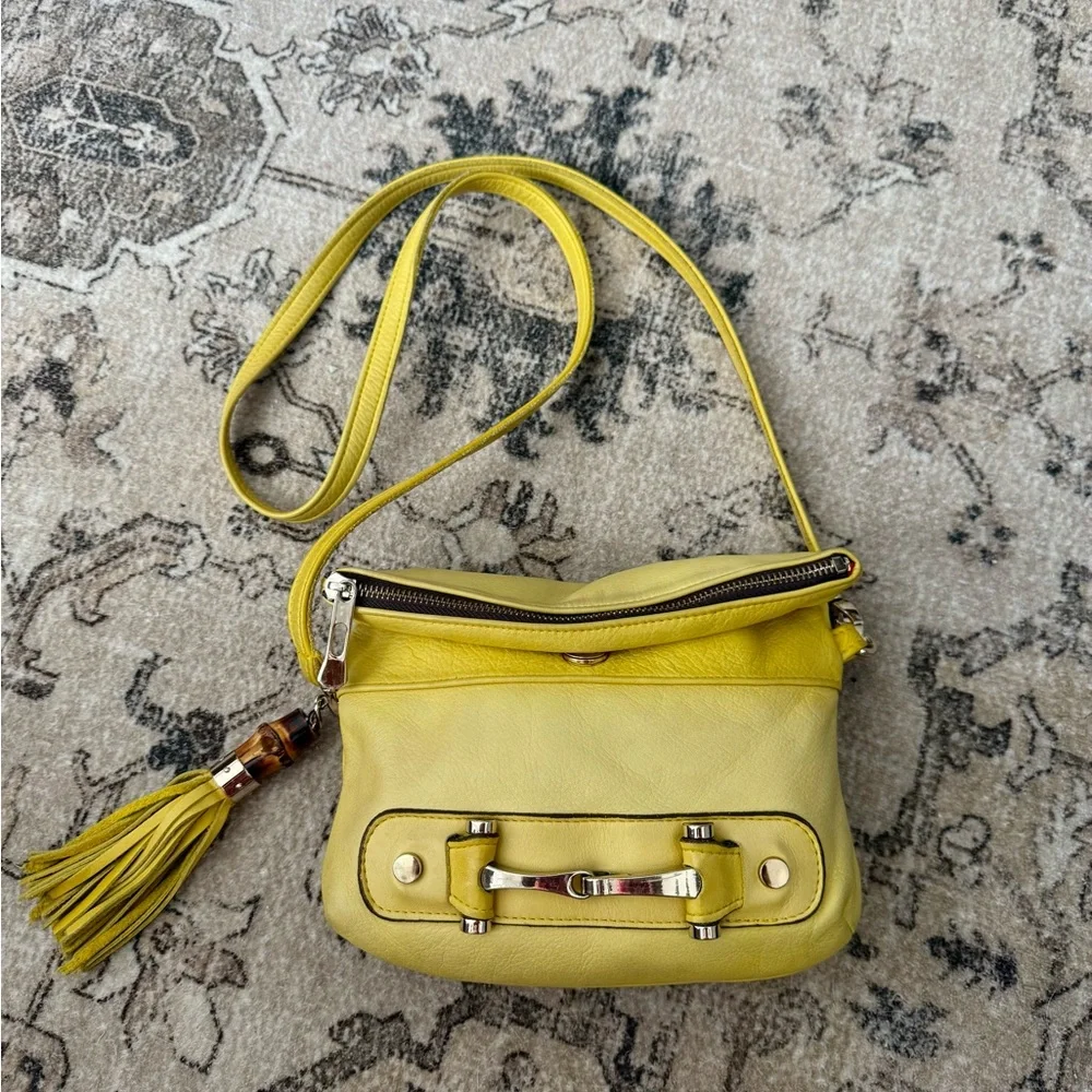 Sunny Yellow Leather Crossbody with Horsebit like and Bamboo Tassel Accent - Picture 3 of 10